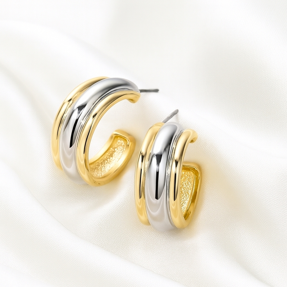 Bi-Tone Gold & Silver Hoop Earrings – Luxe Polished Designer Stud-Style Jewelry